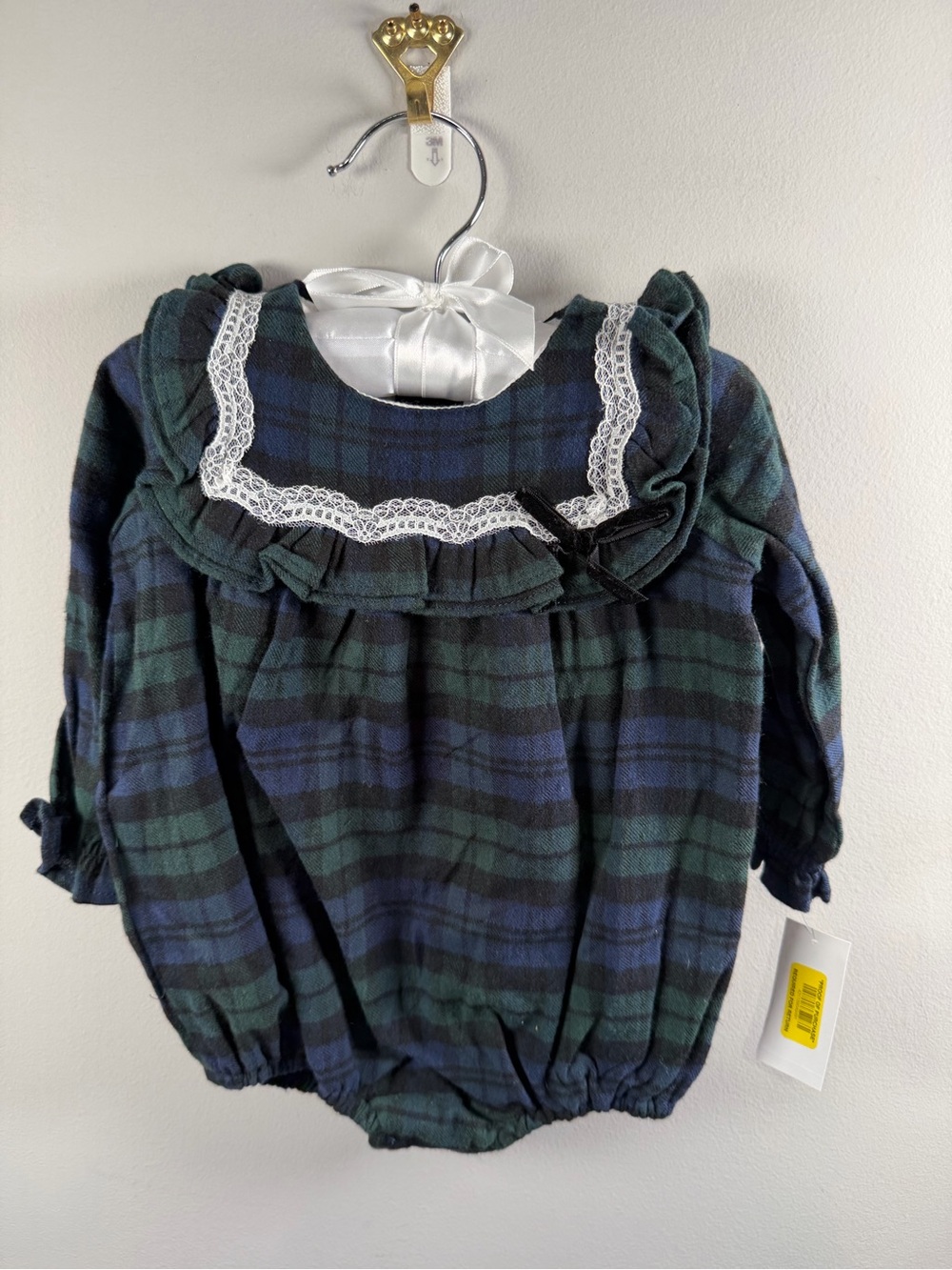 Edgehill Collection Plaid Baby Bubble Romper with Lace Trim Size 9m NWT